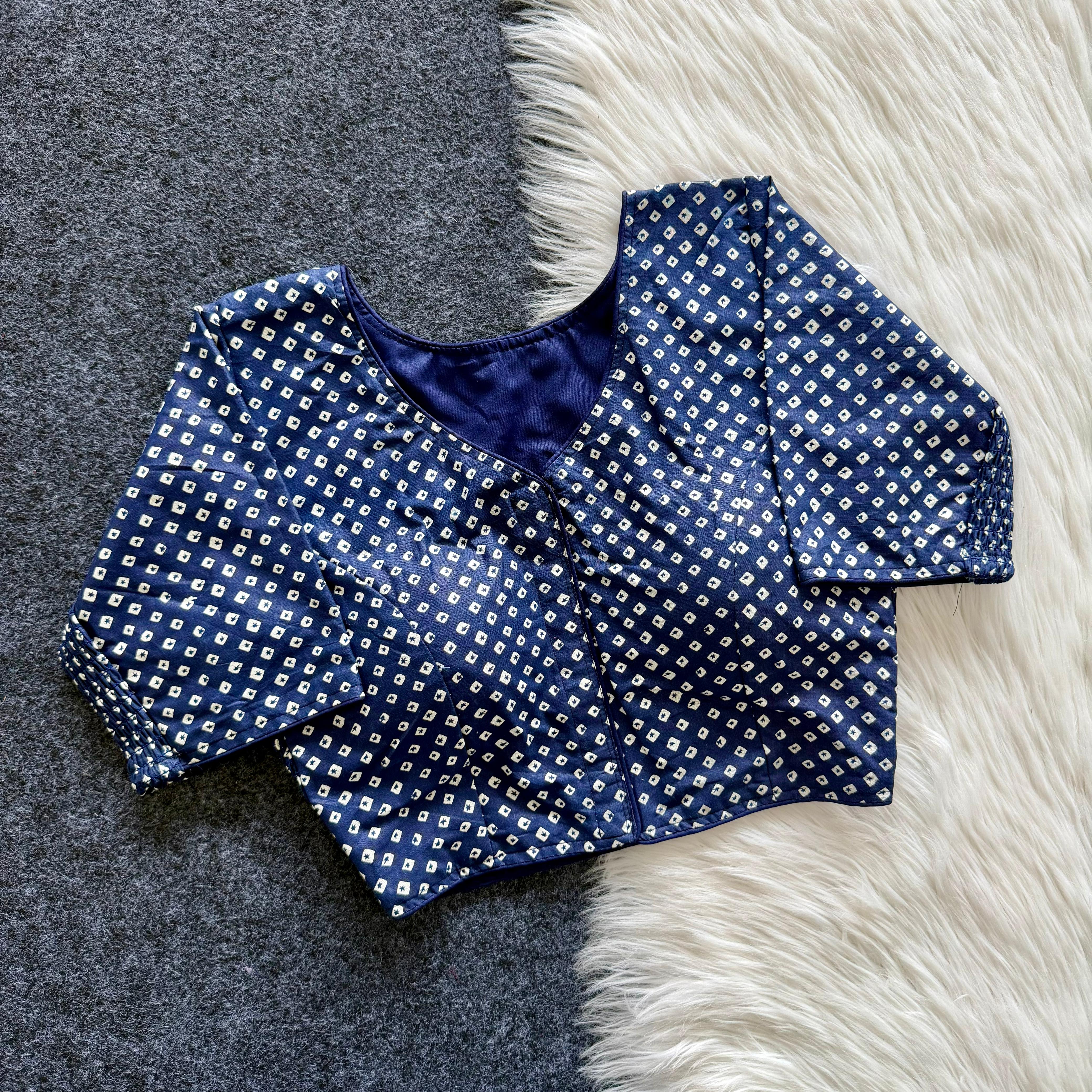 Ojalika Cotton Blouse-Stretchable Side Elastic Panels-Navy Blue